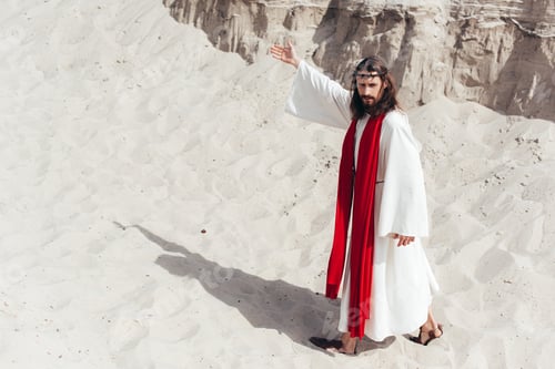 Preview: high angle view of Jesus in robe, red sash and crown of thorns showing way in desert