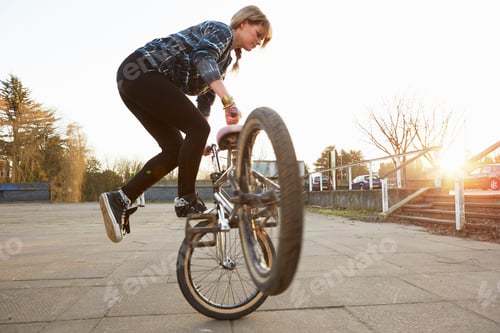 Preview: Female BMX rider doing BMX trick in park