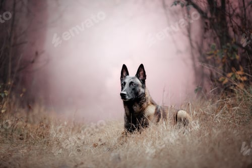 Preview: Belgian Shepherd Malinois lying down in fallen leaves in the public park. Fall, autumn. Happy dog o
