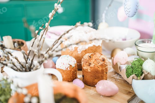 Preview: Table decoration for Easter celebration in kitchen.Tablescape for Easter holiday at home.Family reli