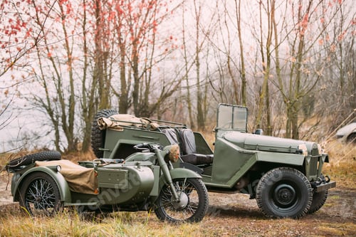 Preview: Old Tricar, Three-Wheeled Gray Motorcycle With A Sidecar Of German Forces and Willys Mb jeep, U.s