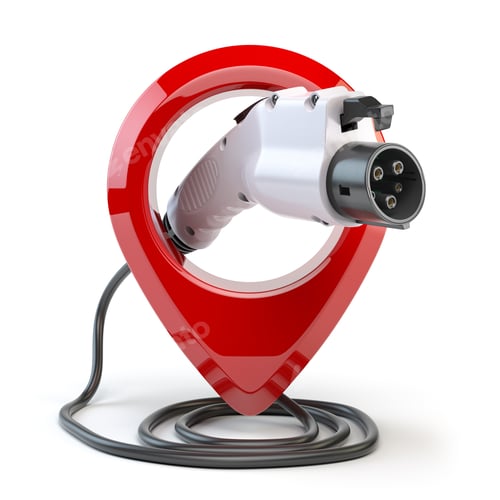 Preview: Electric car charging point location. Car charger power plug with pin isolated on white.