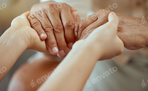 Preview: Elderly care, help support and people holding hands for senior care, trust and consulting patient.