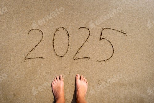 Preview: Enjoying the beautiful Beach Footprints with the Year 2025 gently imprinted in the Sand
