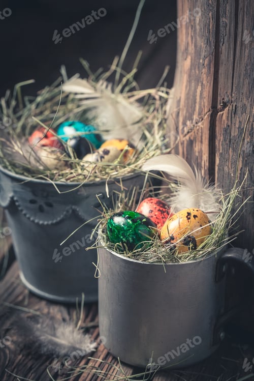 Preview: Closeup of Easter eggs in old metal cup