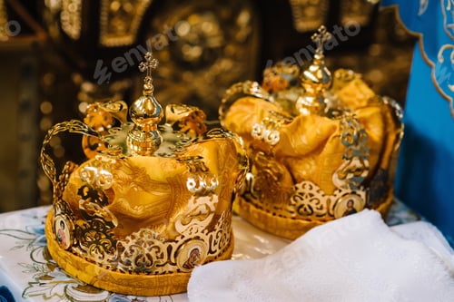 Preview: Wedding crowns. Wedding crown in church ready for marriage ceremony. close up. Divine Liturgy.