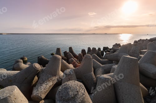 Preview: Tetrapod breakwaters in sea water. Beautiful sunset seascape with concrete tetrapodes