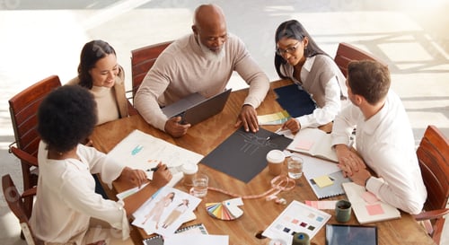 Preview: Creative business people, meeting and planning above in fashion design, brainstorming or strategy a