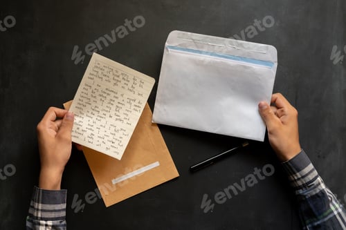 Preview: person put a paper into the envelope to send it to friend, top views