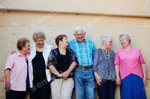 Preview: Shot of a group of seniors standing against a wall outside