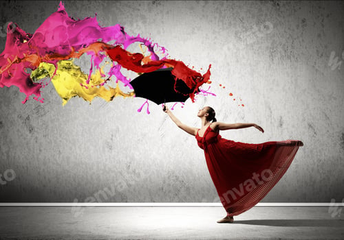 Preview: Ballet Dancer In Flying Satin Dress With Umbrella Under The Paint