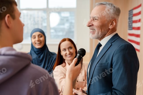 Preview: Senior man, politician communication with journalists. Press conference, presidential election