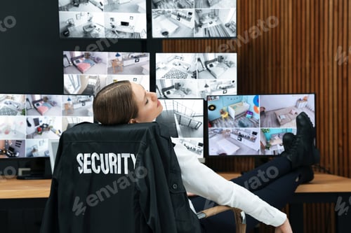 Preview: Tired security guard sleeping at workplace in office