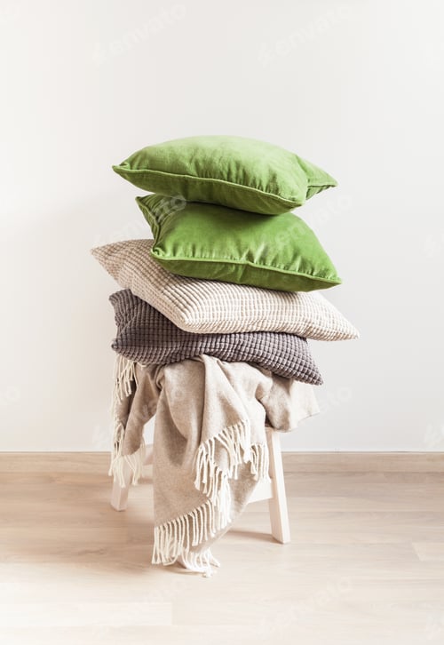 Preview: gray and green cushions, throw. cozy home
