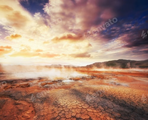 Preview: Fumarole field in Namafjall Godafoss waterfall at sunset. Beauty world