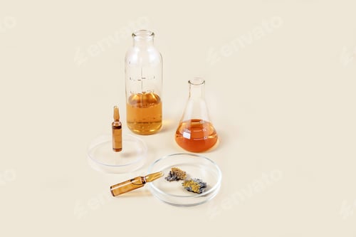 Preview: cosmetic ampoules, laboratory flasks and Petri dishes with lichens on a beige background