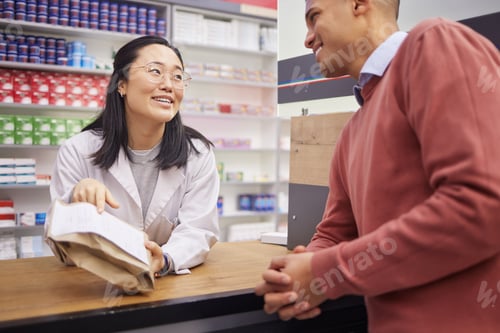Preview: Pharmacy, paper bag and pharmacist woman for customer service, medical support or retail product he