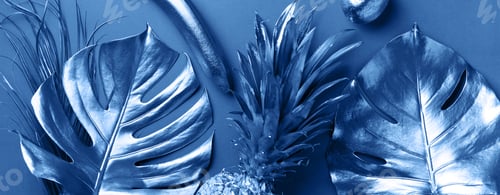 Preview: Painted exotic fruits, tropical palm, monstera leaves on classic blue background. Top view. Flat lay
