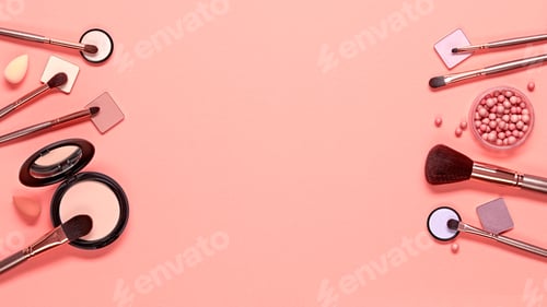 Preview: Beauty cosmetics makeup product flying in air cutout minimal. Woman make up collection falling on ap