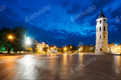 Preview: Vilnius, Lithuania. Night Or Evening View Of Bell Tower Near Cat