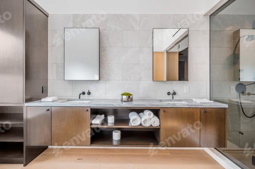 Preview: a large modern bathroom with two sinks and a shower area