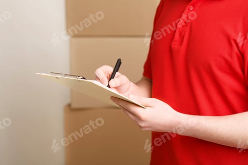 Post storage. Courier records order data for delivery of parcel
