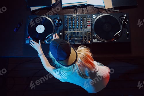 Preview: Cute dj woman having fun playing music at club party