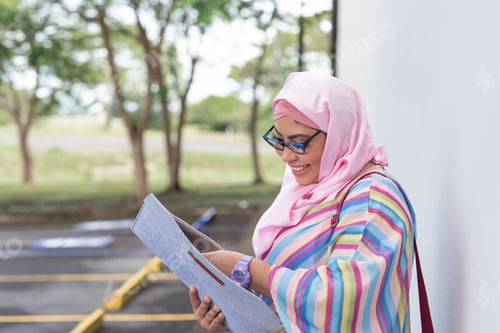 Preview: Islamic woman checking papers in folder