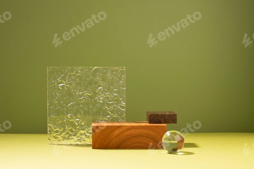Preview: Creative abstract podium made of wooden figures and glass, dark green background hard light shadow