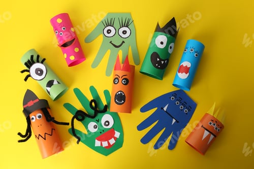 Preview: Colorful Halloween Crafts on a Yellow Background