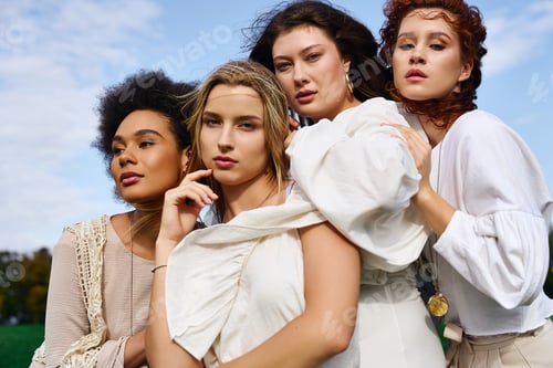 Preview: Stylish women embracing confidence in a vibrant outdoor spring park setting