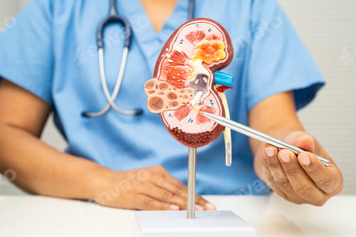 Preview: Chronic kidney disease, doctor with model for treatment urinary system, urology