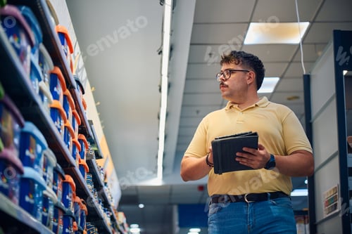 Preview: Employee examining products in a retail store aisle while taking notes during the day