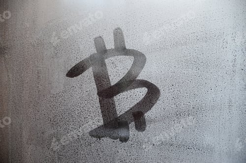 Preview: The bitcoin symbol on the misted sweaty glass. Abstract background image. Cryptocurrency concept