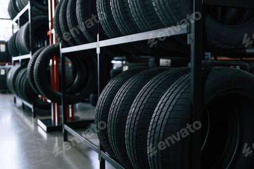 Preview: New tires are placed on the storage rack in the car workshop