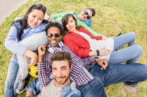 Preview: Multiracial best friends taking selfie at meadow picnic