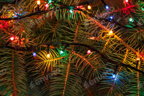 Preview: Christmas Background With Xmas Tree And Sparkle Bokeh Lights On Wooden Canvas Background. Merry