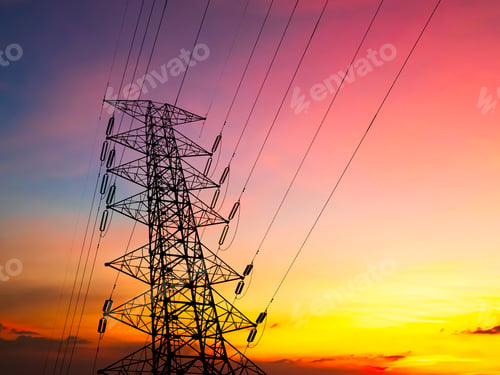 Preview: High voltage electric pole station on sunset background