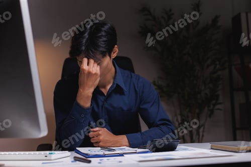Preview: Stressed businessman suffering headache working late night