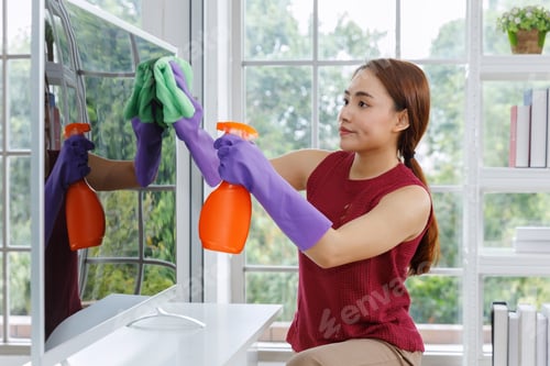 Preview: Housework woman cleaning dust on television in the living room at home.