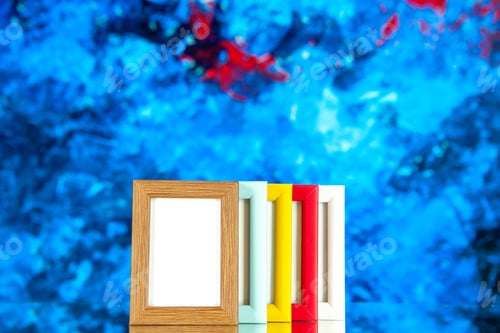 Preview: front view different picture frames with colored corners on light-blue background color picture