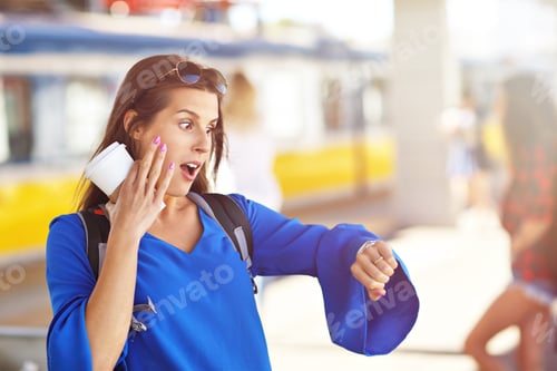 Preview: Young woman tourist at platform train station