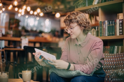 Preview: Young caucasian woman working via laptop in cafe, cowering space. Freelancer, blogger, influencer