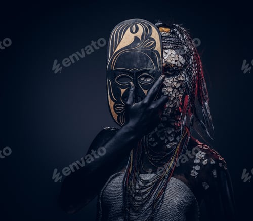 Preview: Close-up portrait of a witch from the indigenous African tribe, wearing traditional costume