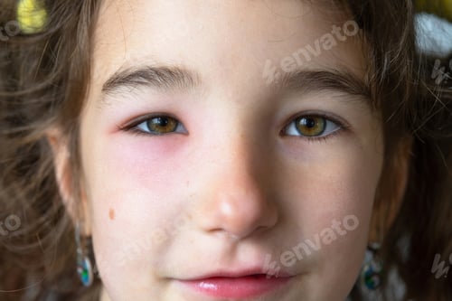 Preview: A red swollen eyelid on a child face in close-up is an allergy to an insect bite. Allergic reaction