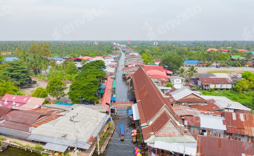 Preview: Floating Market or Amphawa. Local people sell fruits, traditional food on boats in canal, Thailand.