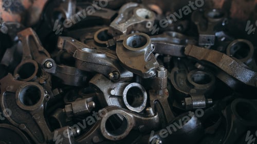 Preview: Old metal elements of mechanical in train for industrial background.