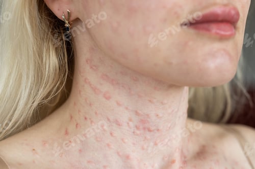 Preview: Real skin Biorevitalization on white background. Traces of biorevitalization injections on woman