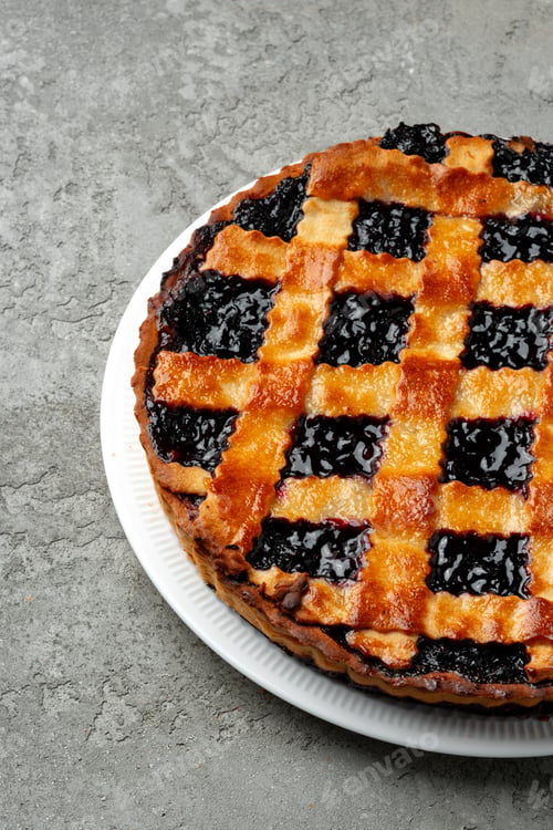 Preview: Delicious berry pie with a lattice crust on a white plate on a gray kitchen counter