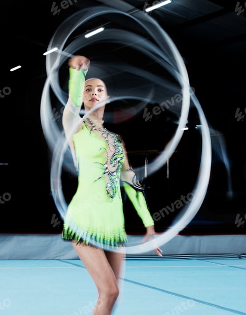 Preview: Gymnastics, sports and woman with ribbon blur in gym for rhythmic body movement, training or exerci